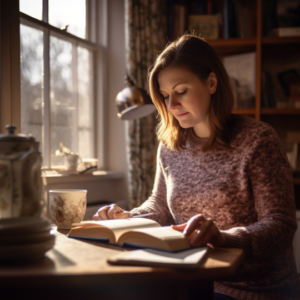 woman reading they ask you answer at a table - 2024